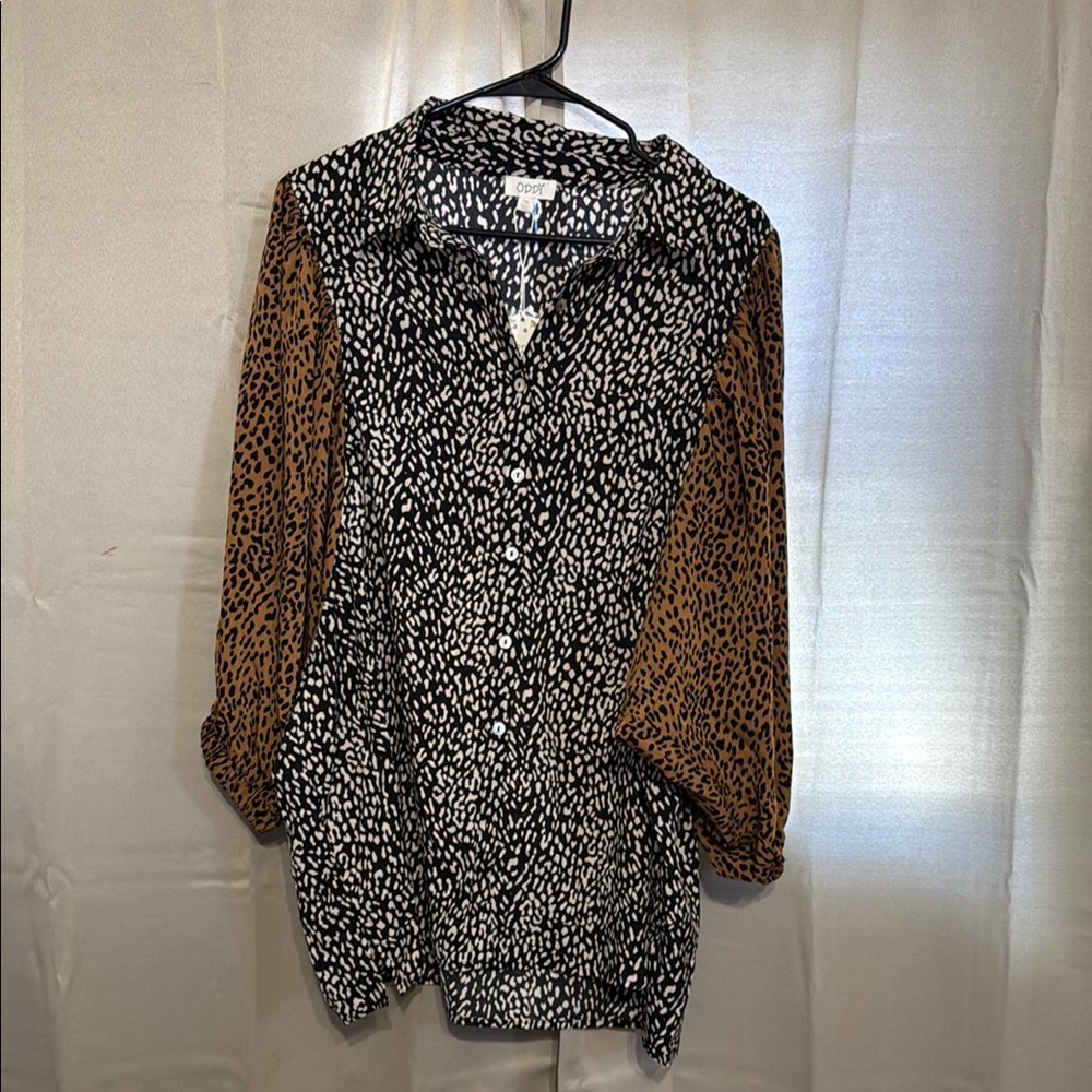 ODDY Black and Brown Button Down Shirt with Notched Collar